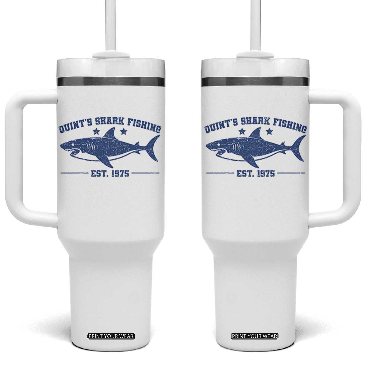 Retro Fisher Birthday Tumbler With Handle Vintage Quints Shark Fishing 1975 TS10 One Size: 40 oz White Print Your Wear