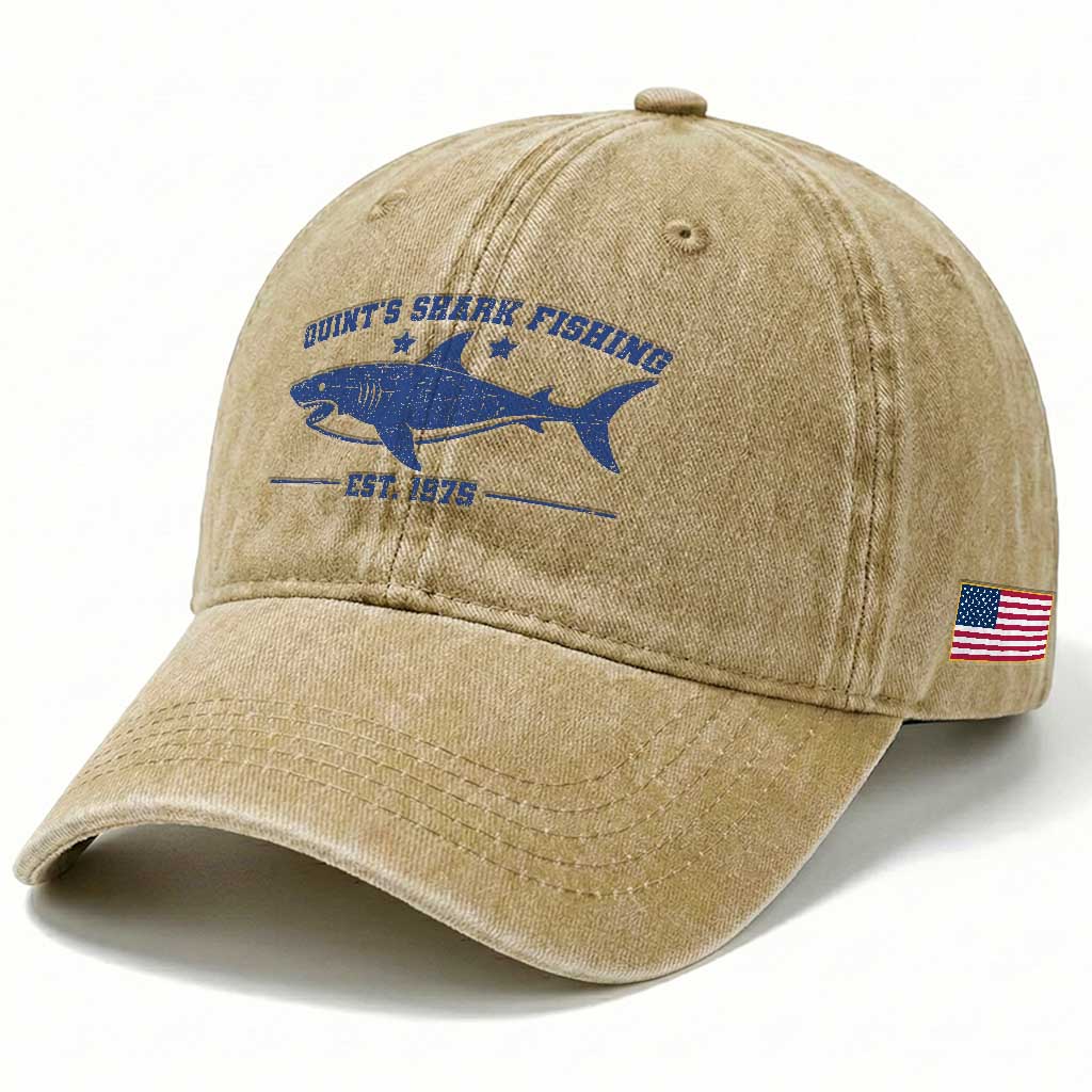 Retro Fisher Birthday Washed Cotton Baseball Cap Vintage Quints Shark Fishing 1975