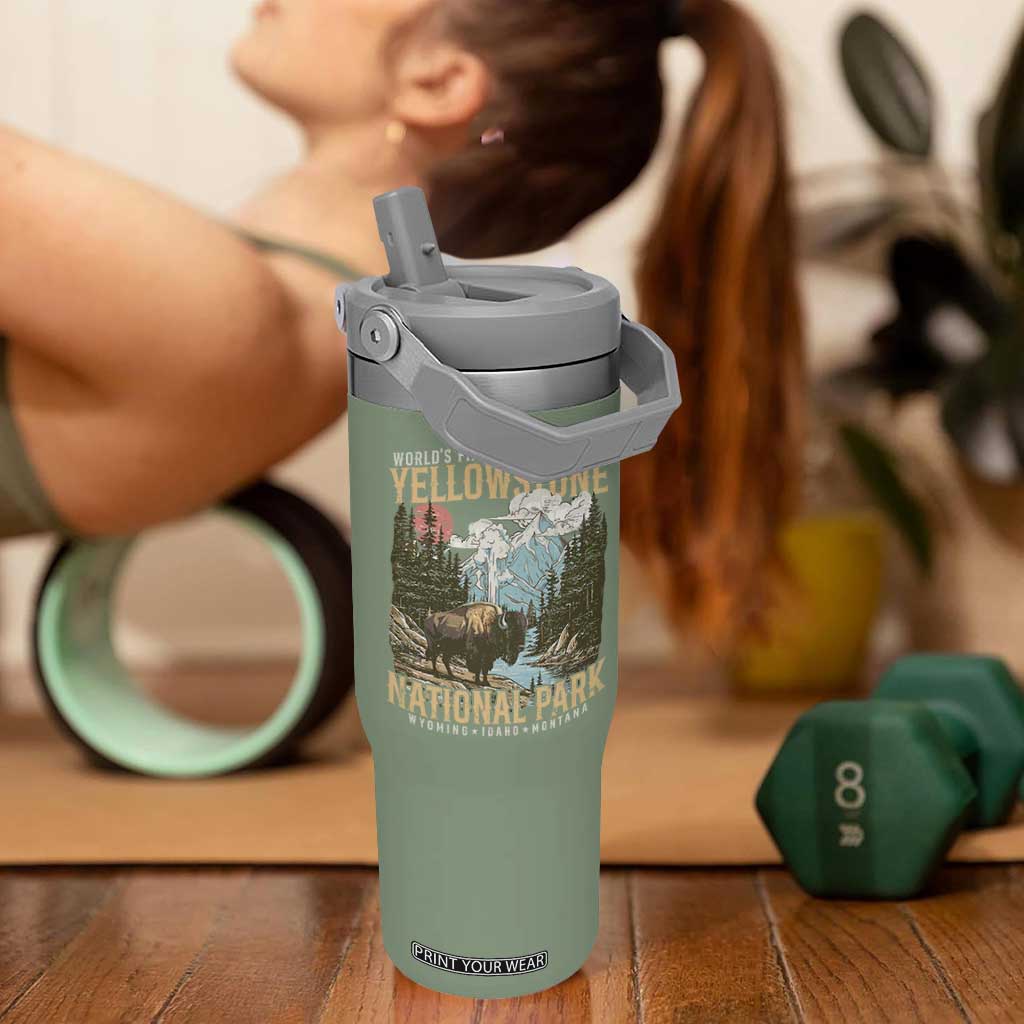Vintage Yellowstone National Park Flip Straw Tumbler Retro Nature Wildlife Outdoor Hiking Camping Forest TS10 One Size: 30 oz Moss Green Print Your Wear