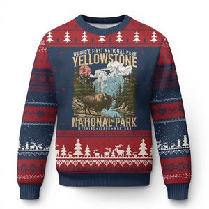 Vintage Yellowstone National Park Ugly Christmas Sweater Retro Nature Wildlife Outdoor Hiking Camping Forest TS10 Navy Red Print Your Wear