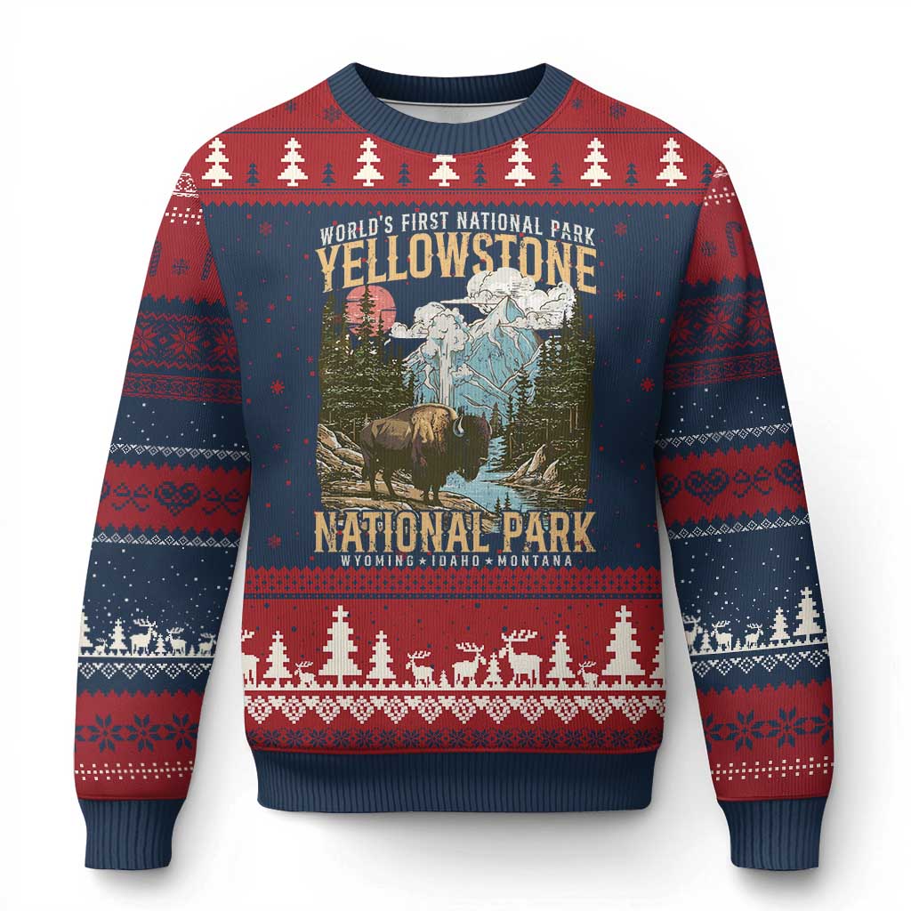 Vintage Yellowstone National Park Ugly Christmas Sweater Retro Nature Wildlife Outdoor Hiking Camping Forest TS10 Navy Red Print Your Wear