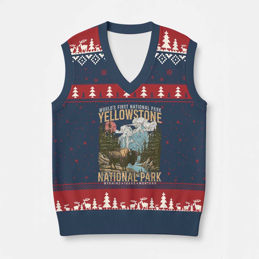 Vintage Yellowstone National Park V-Neck Knit Sweater Vest Retro Nature Wildlife Outdoor Hiking Camping Forest TS10 Navy Red Print Your Wear