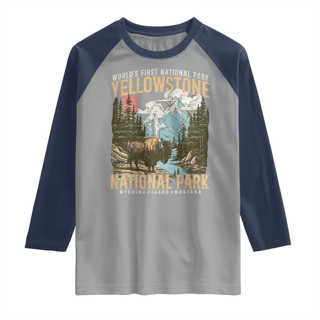 Vintage Yellowstone National Park Raglan Shirt Retro Nature Wildlife Outdoor Hiking Camping Forest TS10 Sport Gray Navy Print Your Wear