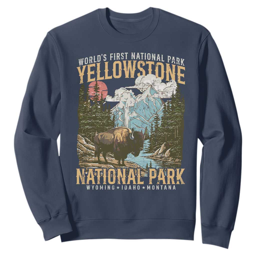 Vintage Yellowstone National Park Sweatshirt Retro Nature Wildlife Outdoor Hiking Camping Forest TS10 Navy Print Your Wear