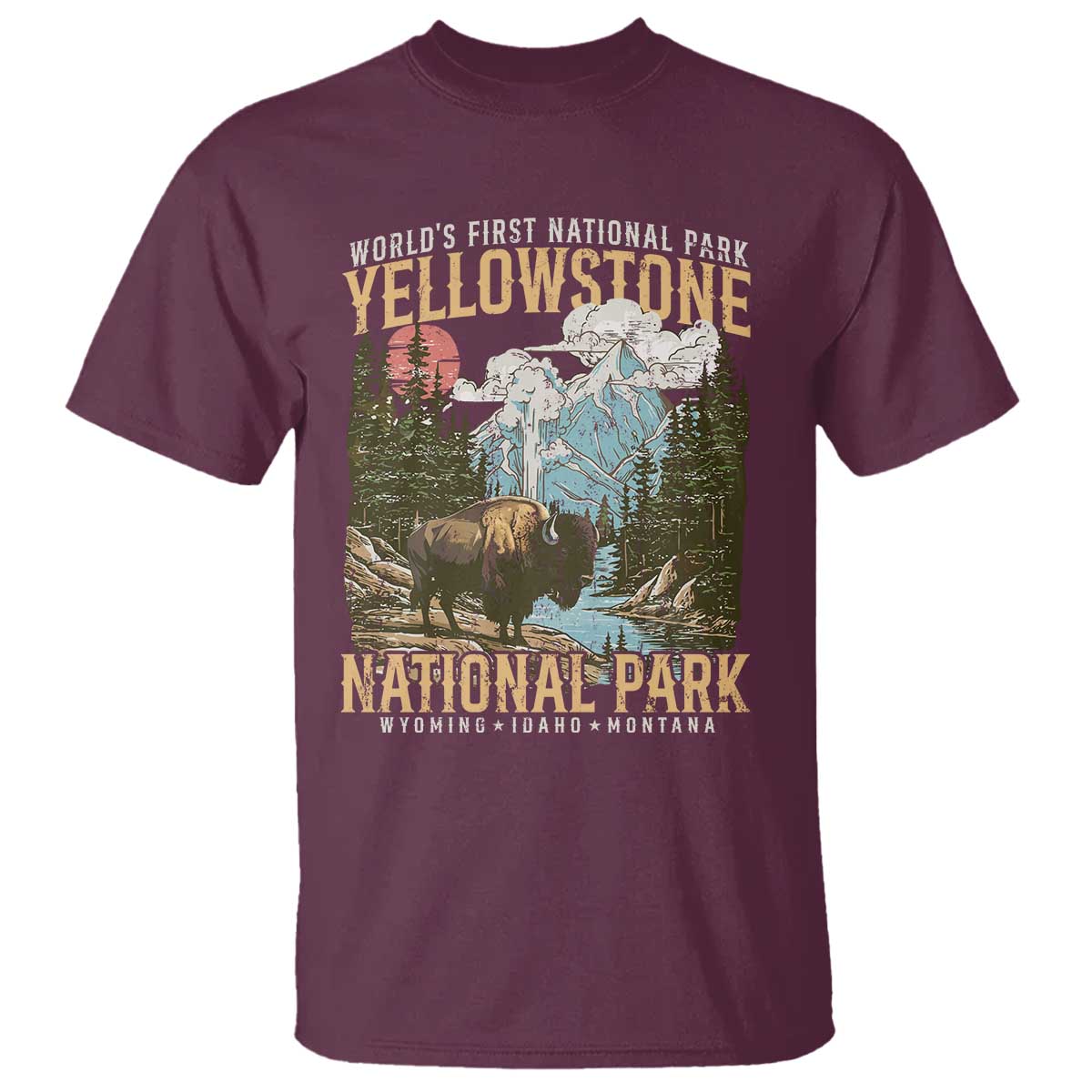 Vintage Yellowstone National Park T Shirt Retro Nature Wildlife Outdoor Hiking Camping Forest TS10 Maroon Print Your Wear