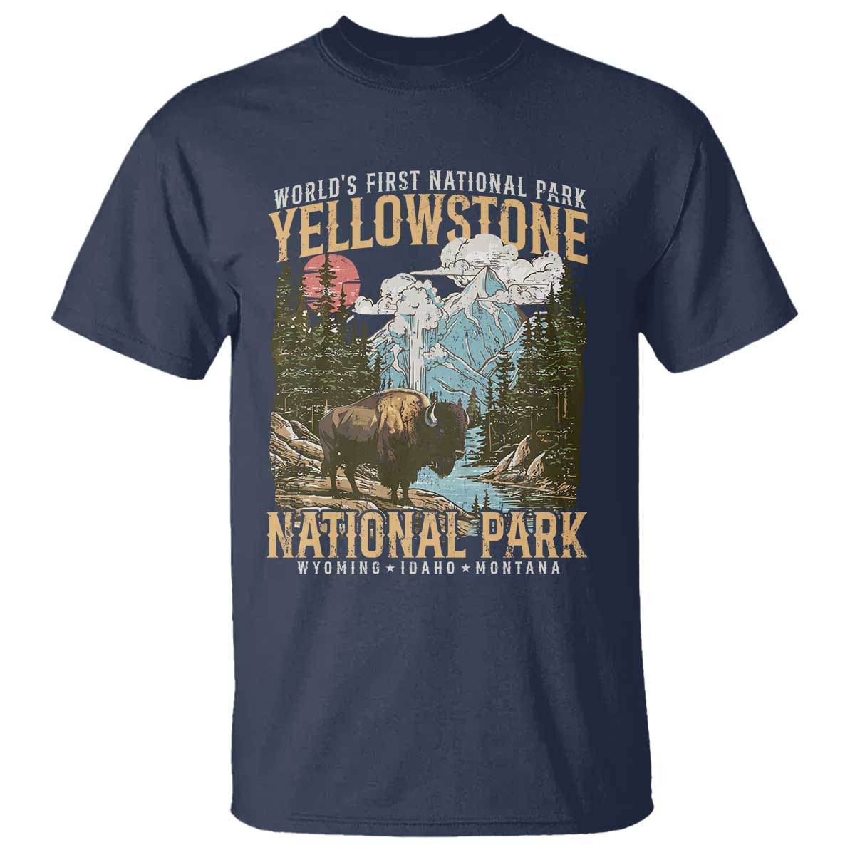 Vintage Yellowstone National Park T Shirt Retro Nature Wildlife Outdoor Hiking Camping Forest TS10 Navy Print Your Wear