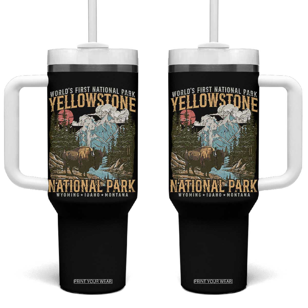 Vintage Yellowstone National Park Tumbler With Handle Retro Nature Wildlife Outdoor Hiking Camping Forest TS10 One Size: 40 oz Black Print Your Wear