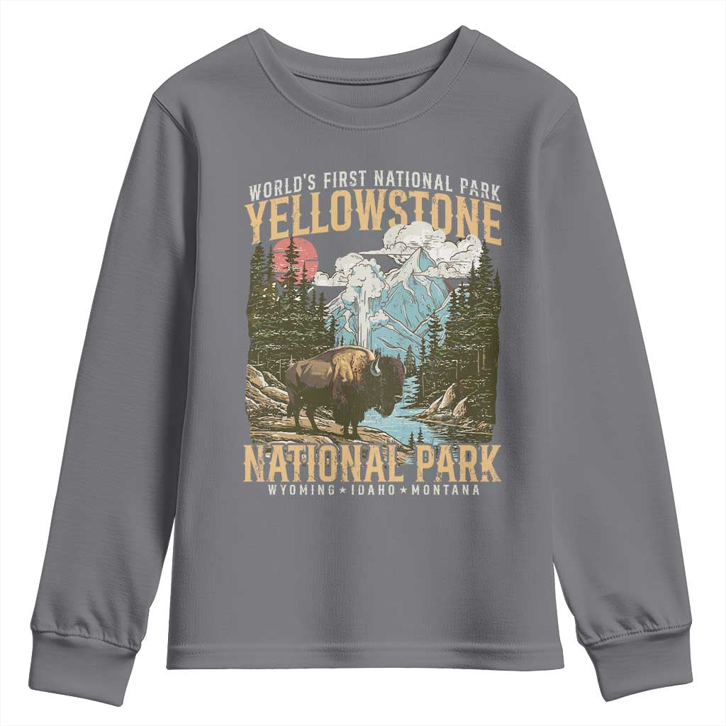 Vintage Yellowstone National Park Youth Sweatshirt Retro Nature Wildlife Outdoor Hiking Camping Forest TS10 Charcoal Print Your Wear