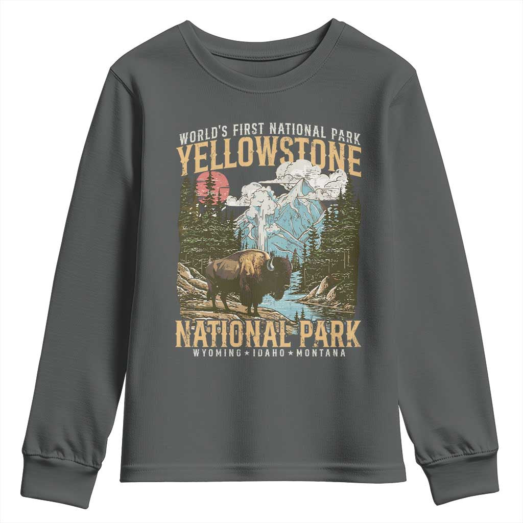 Vintage Yellowstone National Park Youth Sweatshirt Retro Nature Wildlife Outdoor Hiking Camping Forest TS10 Dark Heather Print Your Wear