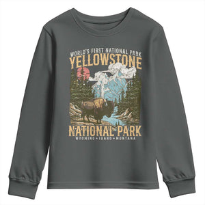 Vintage Yellowstone National Park Youth Sweatshirt Retro Nature Wildlife Outdoor Hiking Camping Forest TS10 Dark Heather Print Your Wear