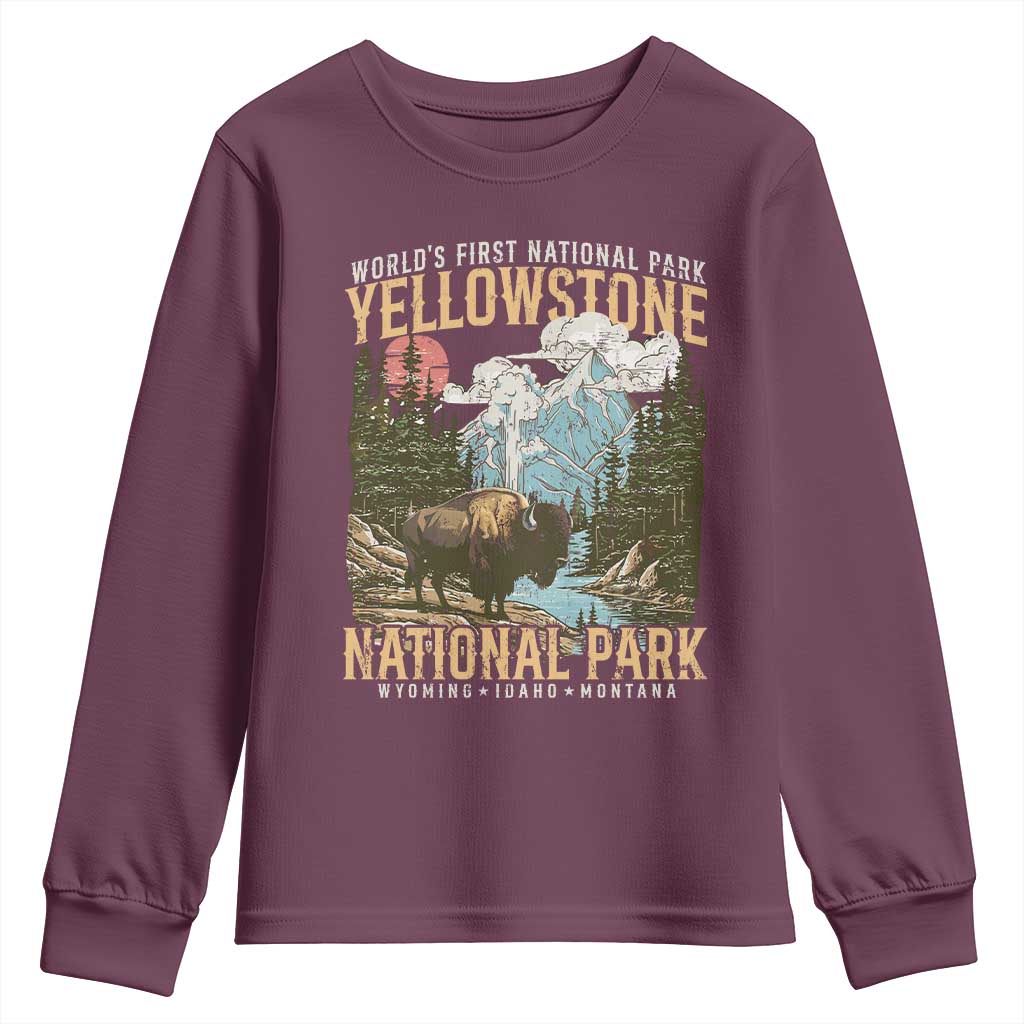 Vintage Yellowstone National Park Youth Sweatshirt Retro Nature Wildlife Outdoor Hiking Camping Forest TS10 Maroon Print Your Wear