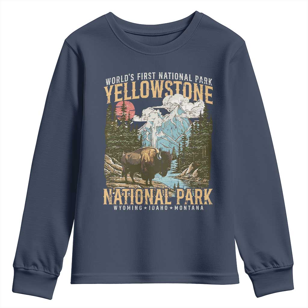 Vintage Yellowstone National Park Youth Sweatshirt Retro Nature Wildlife Outdoor Hiking Camping Forest TS10 Navy Print Your Wear