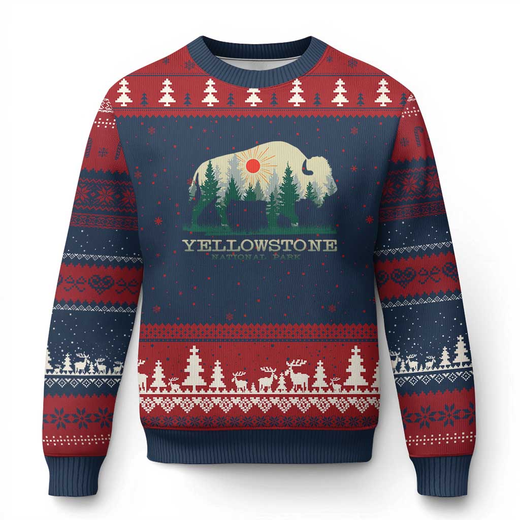 Yellowstone National Park Ugly Christmas Sweater Bison Nature Wildlife Outdoor Hiking Camping Forest TS10 Navy Red Print Your Wear