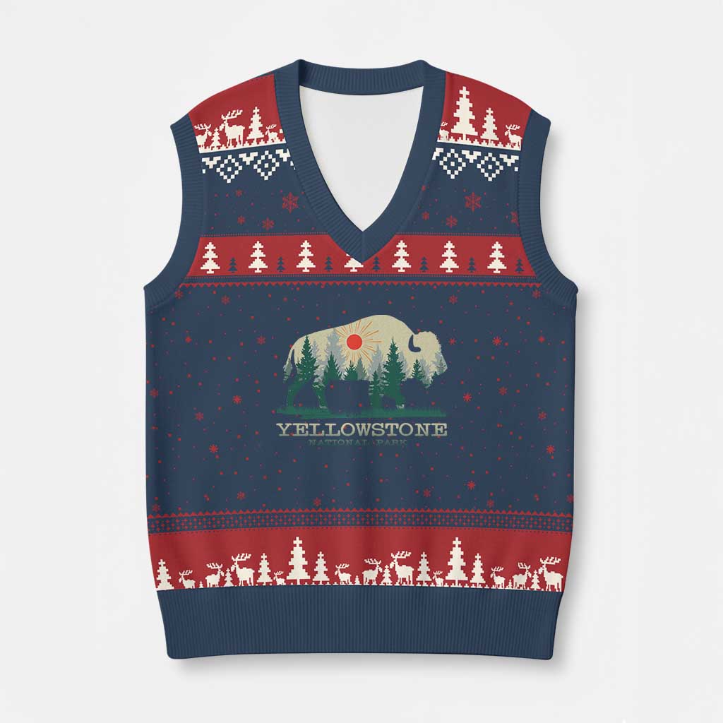 Yellowstone National Park V-Neck Knit Sweater Vest Bison Nature Wildlife Outdoor Hiking Camping Forest TS10 Navy Red Print Your Wear