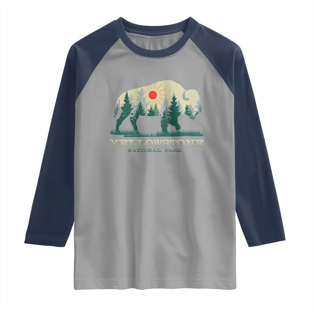 Yellowstone National Park Raglan Shirt Bison Nature Wildlife Outdoor Hiking Camping Forest TS10 Sport Gray Navy Print Your Wear