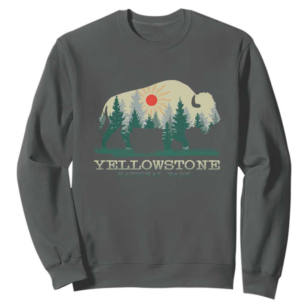 Yellowstone National Park Sweatshirt Bison Nature Wildlife Outdoor Hiking Camping Forest TS10 Dark Heather Print Your Wear