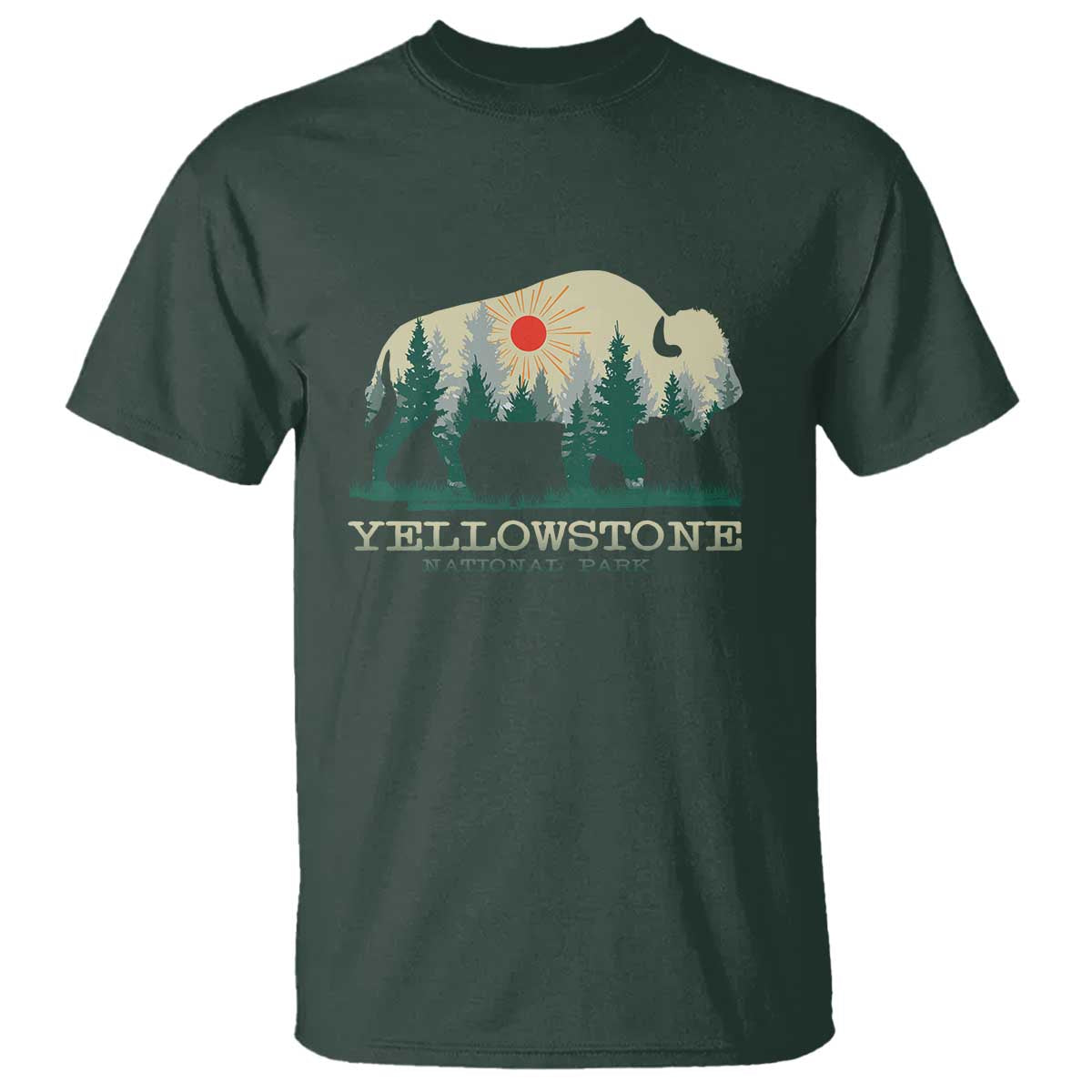 Yellowstone National Park T Shirt Bison Nature Wildlife Outdoor Hiking Camping Forest TS10 Dark Forest Green Print Your Wear