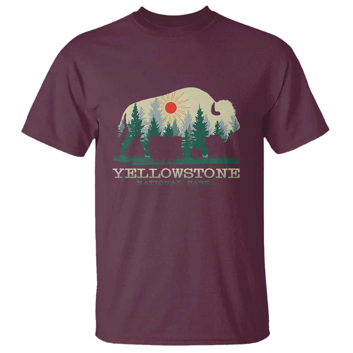 Yellowstone National Park T Shirt Bison Nature Wildlife Outdoor Hiking Camping Forest TS10 Maroon Print Your Wear