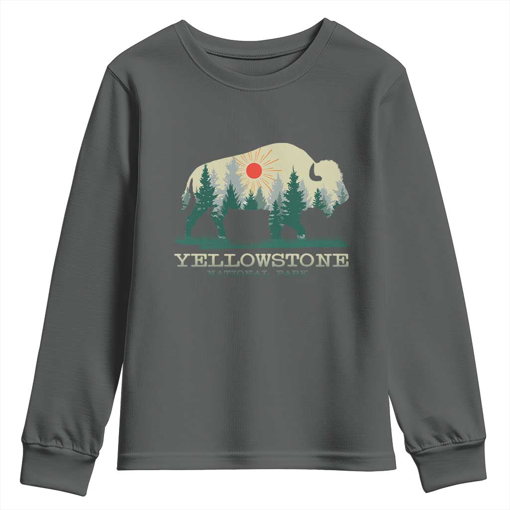 Yellowstone National Park Youth Sweatshirt Bison Nature Wildlife Outdoor Hiking Camping Forest TS10 Dark Heather Print Your Wear