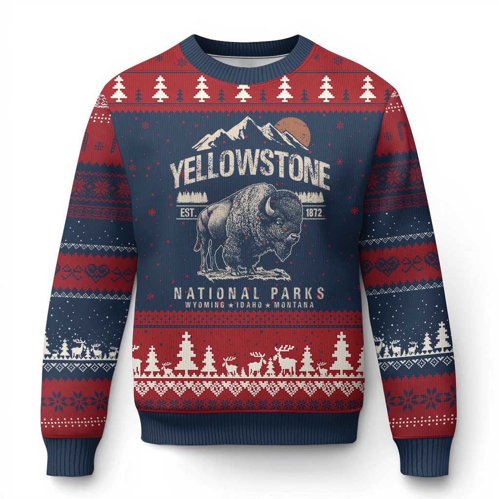 Vintage Yellowstone National Park Ugly Christmas Sweater Retro Bison Nature Wildlife Forest TS10 Navy Red Print Your Wear
