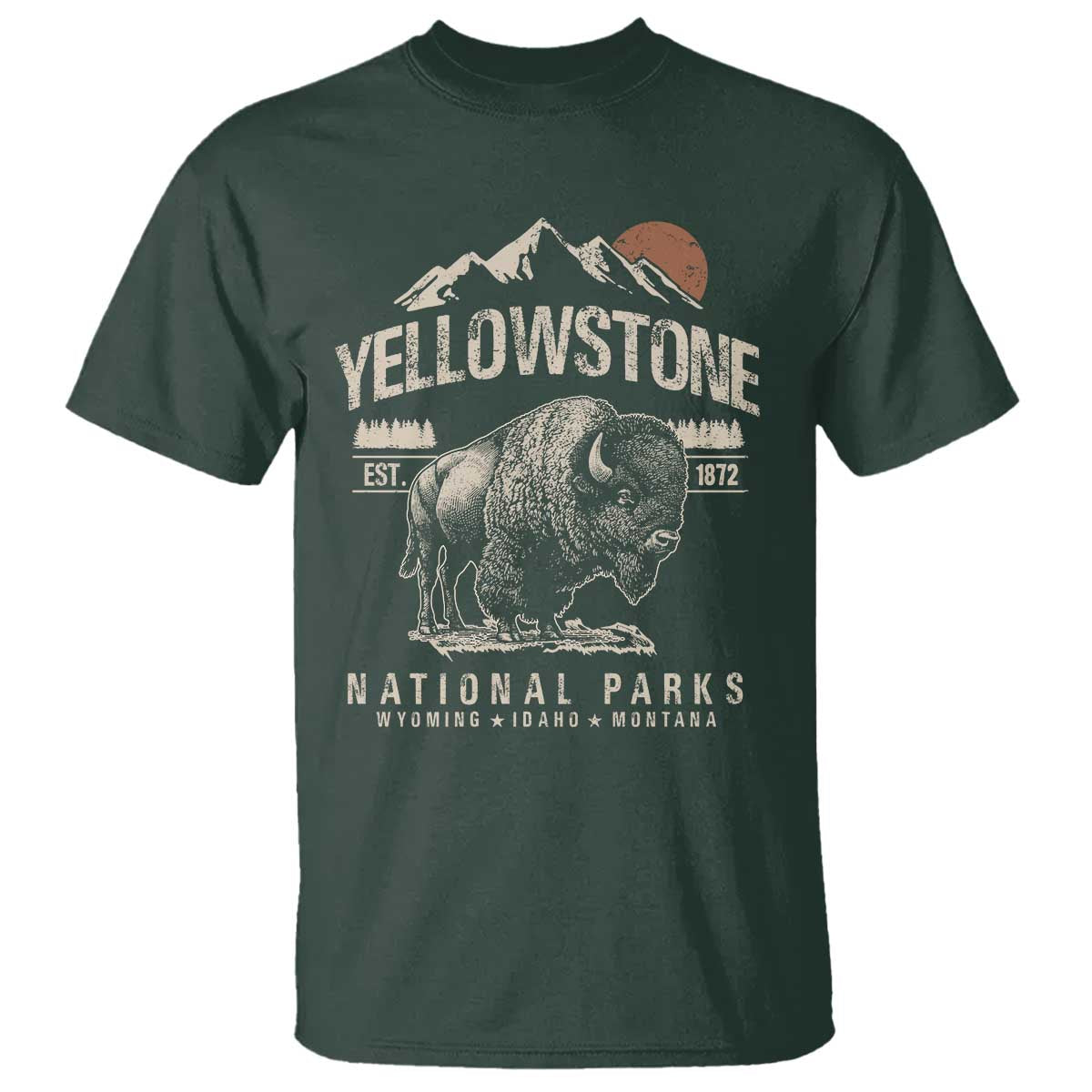 Vintage Yellowstone National Park T Shirt - Retro Bison Nature Wildlife Forest Tee TS10 Dark Forest Green Print Your Wear