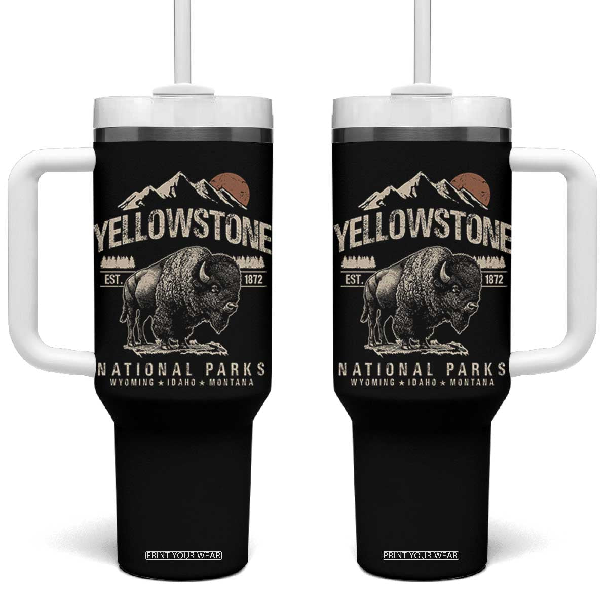 Vintage Yellowstone National Park Tumbler With Handle - Retro Bison Nature Wildlife Forest TS10 One Size: 40 oz Black Print Your Wear