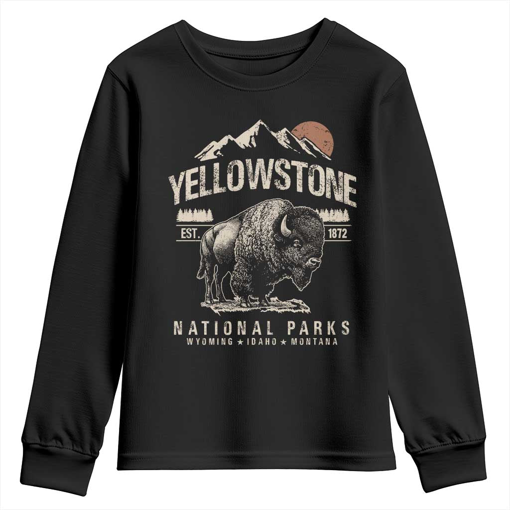 Vintage Yellowstone National Park Youth Sweatshirt Retro Bison Nature Wildlife Forest TS10 Black Print Your Wear
