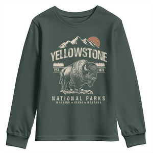 Vintage Yellowstone National Park Youth Sweatshirt Retro Bison Nature Wildlife Forest TS10 Dark Forest Green Print Your Wear