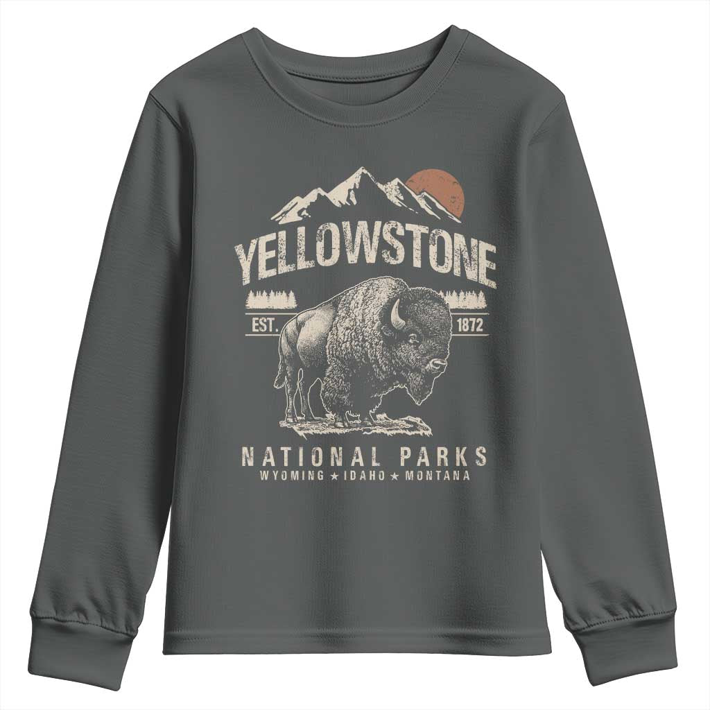 Vintage Yellowstone National Park Youth Sweatshirt Retro Bison Nature Wildlife Forest TS10 Dark Heather Print Your Wear