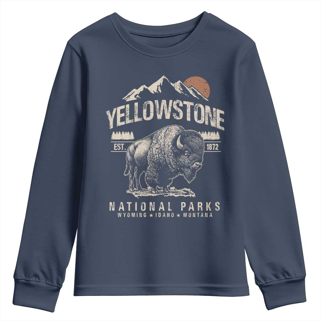 Vintage Yellowstone National Park Youth Sweatshirt Retro Bison Nature Wildlife Forest TS10 Navy Print Your Wear