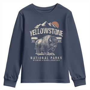 Vintage Yellowstone National Park Youth Sweatshirt Retro Bison Nature Wildlife Forest TS10 Navy Print Your Wear