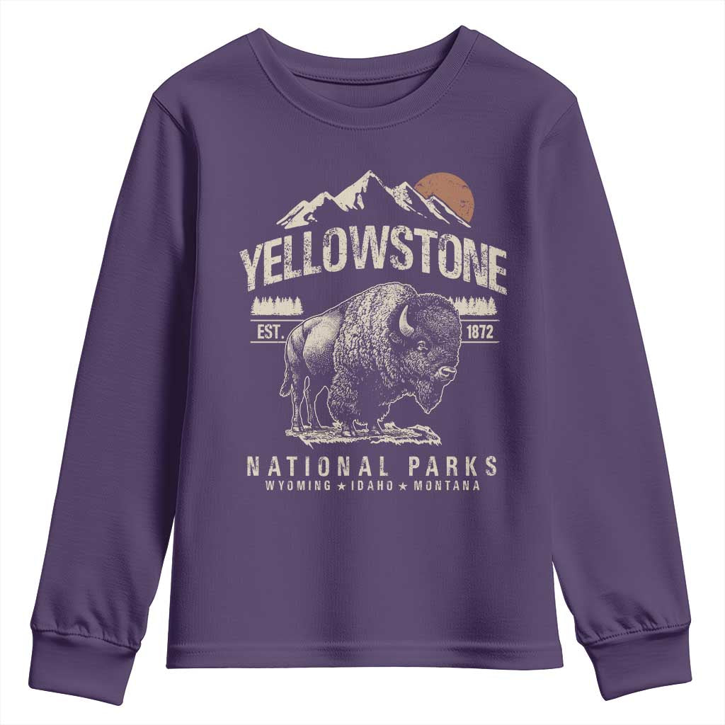 Vintage Yellowstone National Park Youth Sweatshirt Retro Bison Nature Wildlife Forest TS10 Purple Print Your Wear