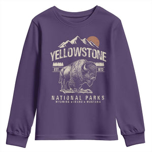 Vintage Yellowstone National Park Youth Sweatshirt Retro Bison Nature Wildlife Forest TS10 Purple Print Your Wear