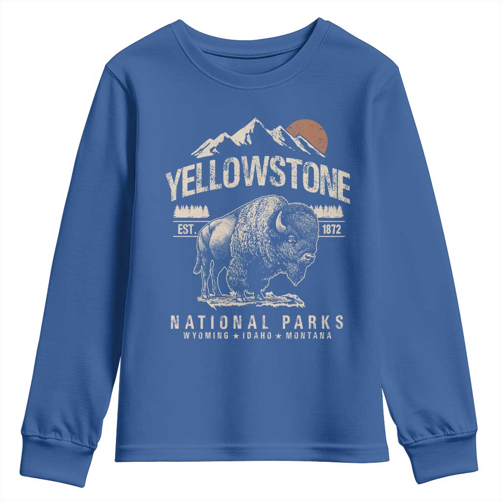 Vintage Yellowstone National Park Youth Sweatshirt Retro Bison Nature Wildlife Forest TS10 Royal Blue Print Your Wear