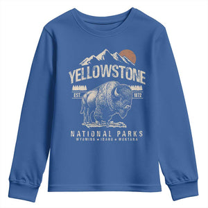 Vintage Yellowstone National Park Youth Sweatshirt Retro Bison Nature Wildlife Forest TS10 Royal Blue Print Your Wear