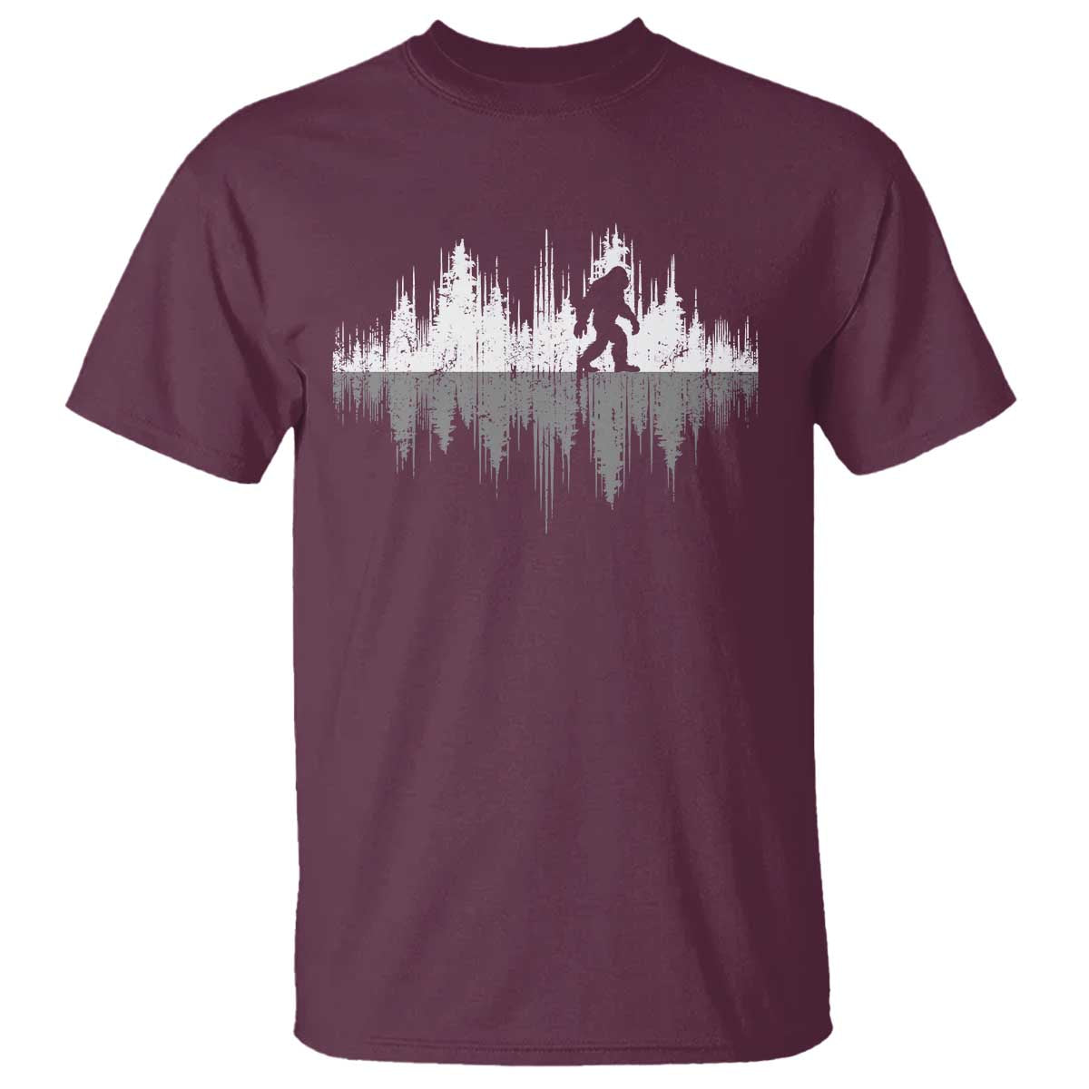 Bigfoot In The Forest T Shirt Sasquatch Trees Reflection Wildlife Nature Outdoor Wild Retro TS10 Maroon Print Your Wear
