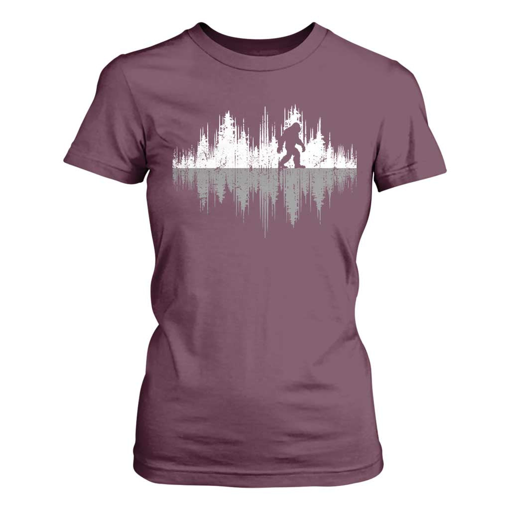 Bigfoot In The Forest T Shirt For Women Sasquatch Trees Reflection Wildlife Nature Outdoor Wild Retro TS10 Maroon Print Your Wear