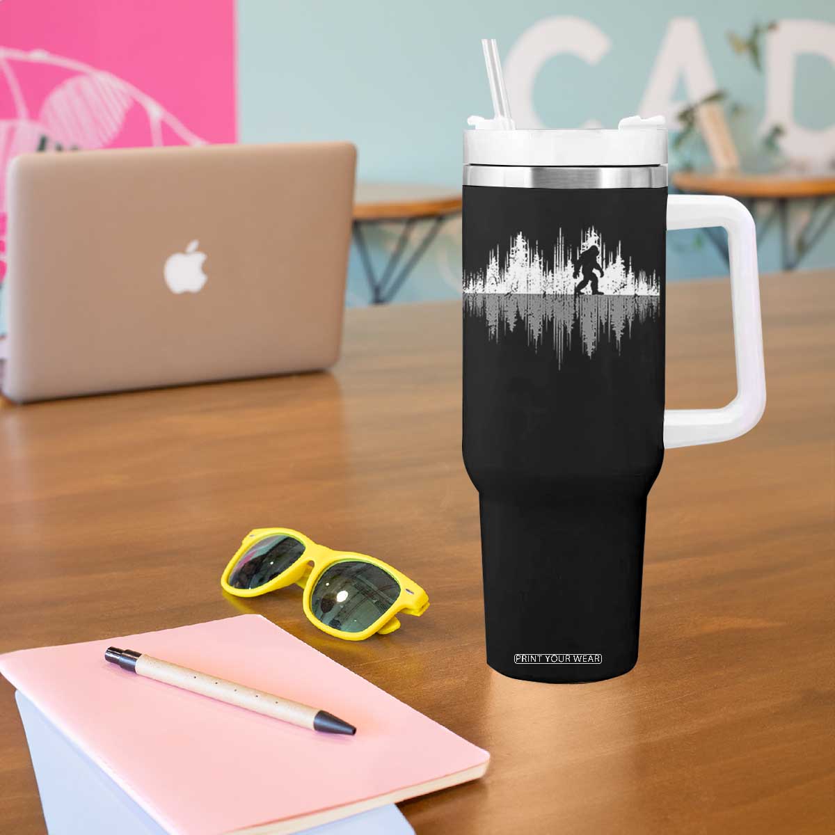 Bigfoot In The Forest Tumbler With Handle Sasquatch Trees Reflection Wildlife Nature Outdoor Wild Retro TS10 Print Your Wear