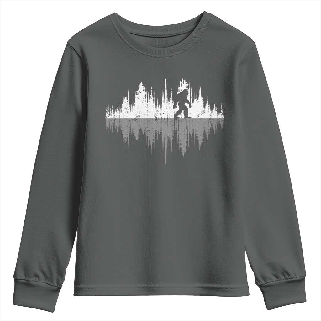 Bigfoot In The Forest Youth Sweatshirt Sasquatch Trees Reflection Wildlife Nature Outdoor Wild Retro TS10 Dark Heather Print Your Wear