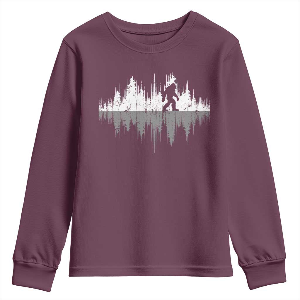 Bigfoot In The Forest Youth Sweatshirt Sasquatch Trees Reflection Wildlife Nature Outdoor Wild Retro TS10 Maroon Print Your Wear