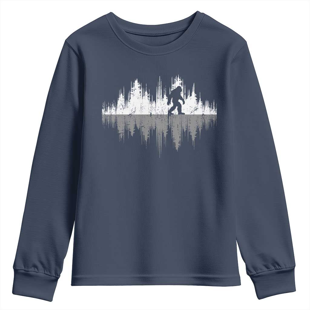 Bigfoot In The Forest Youth Sweatshirt Sasquatch Trees Reflection Wildlife Nature Outdoor Wild Retro TS10 Navy Print Your Wear