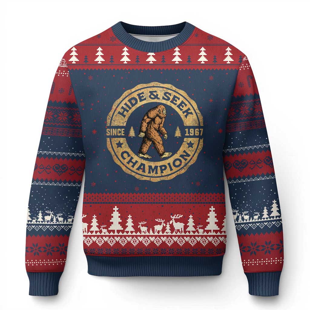Retro Bigfoot Believer Ugly Christmas Sweater Undefeated Sasquatch Hide And Seek Cryptozoology TS10 Navy Red Print Your Wear