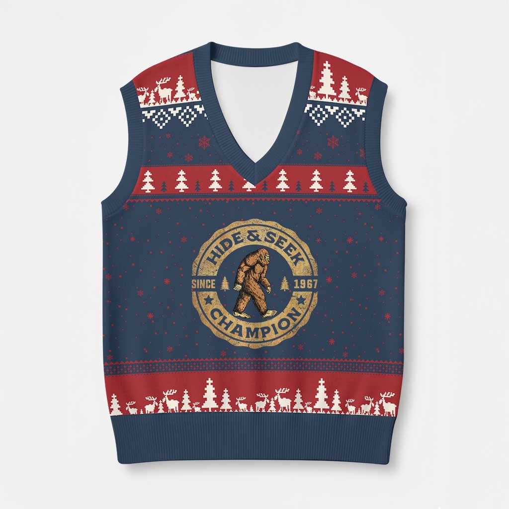Retro Bigfoot Believer V-Neck Knit Sweater Vest Undefeated Sasquatch Hide And Seek Cryptozoology TS10 Navy Red Print Your Wear