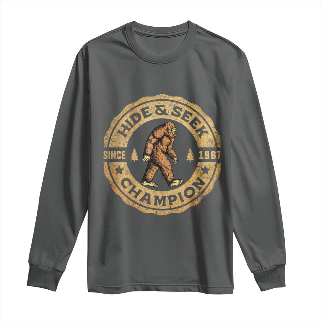 Retro Bigfoot Believer Long Sleeve Shirt Undefeated Sasquatch Hide And Seek Cryptozoology TS10 Dark Heather Print Your Wear