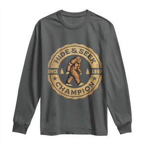 Retro Bigfoot Believer Long Sleeve Shirt Undefeated Sasquatch Hide And Seek Cryptozoology TS10 Dark Heather Print Your Wear