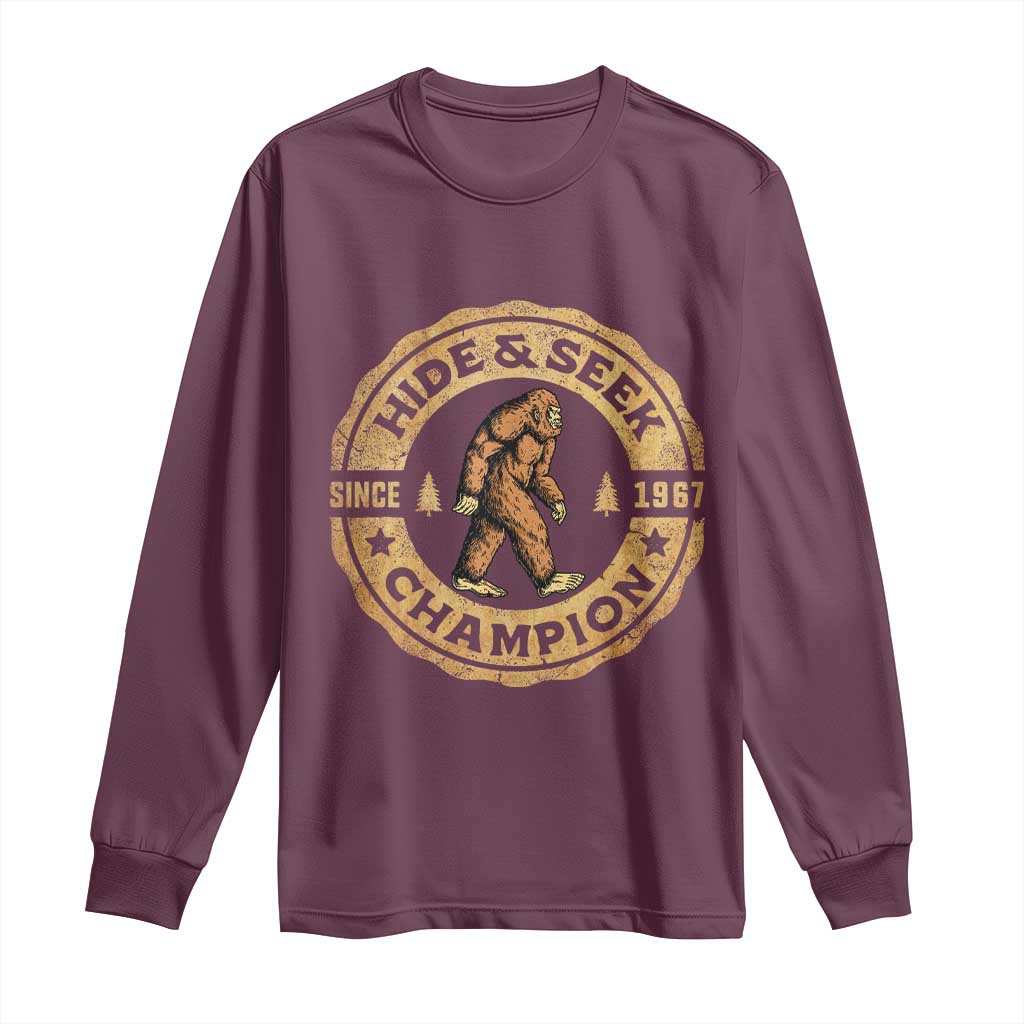 Retro Bigfoot Believer Long Sleeve Shirt Undefeated Sasquatch Hide And Seek Cryptozoology TS10 Maroon Print Your Wear