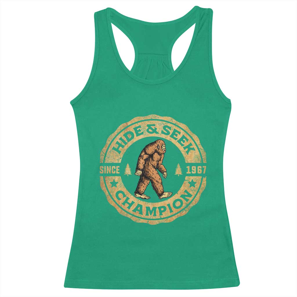 Retro Bigfoot Believer Racerback Tank Top Undefeated Sasquatch Hide And Seek Cryptozoology - Print Your Wear