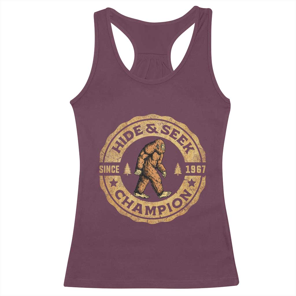 Retro Bigfoot Believer Racerback Tank Top Undefeated Sasquatch Hide And Seek Cryptozoology - Print Your Wear