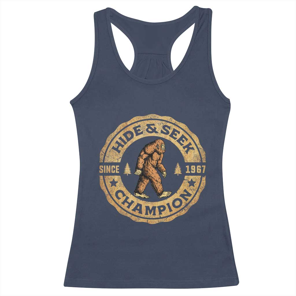 Retro Bigfoot Believer Racerback Tank Top Undefeated Sasquatch Hide And Seek Cryptozoology - Print Your Wear