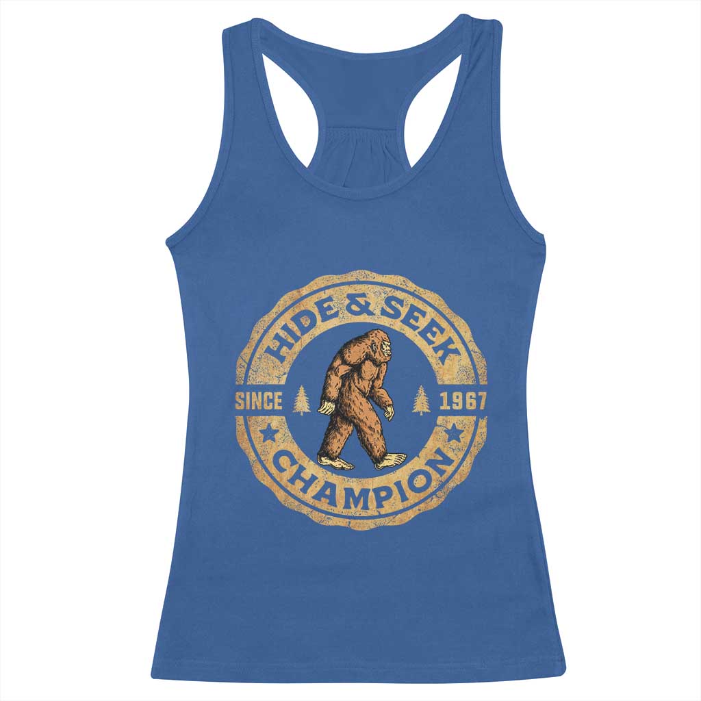 Retro Bigfoot Believer Racerback Tank Top Undefeated Sasquatch Hide And Seek Cryptozoology - Print Your Wear